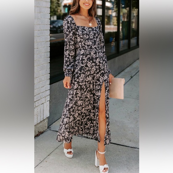 Midi Floral Long Sleeve Dress with Slit and Square Neckline • Small - Picture 3 of 11